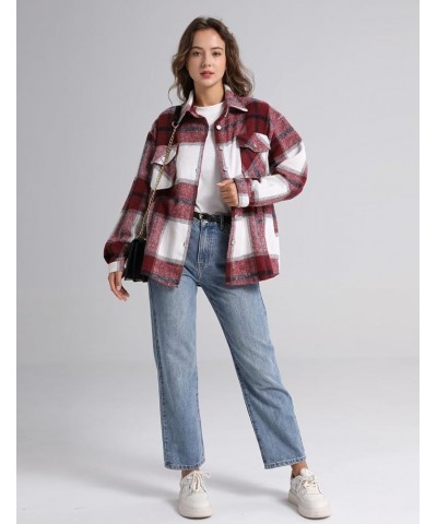 Women's Casual Plaid Button Down Wool Blend Long Sleeve Jackets Outerwear Burgundy $16.10 Coats