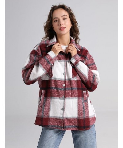 Women's Casual Plaid Button Down Wool Blend Long Sleeve Jackets Outerwear Burgundy $16.10 Coats