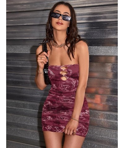 Women's Tie Dye Cut Out Sleeveless Mini Tube Dress Ruched Strapless Short Pencil Dresses Red $8.54 Dresses