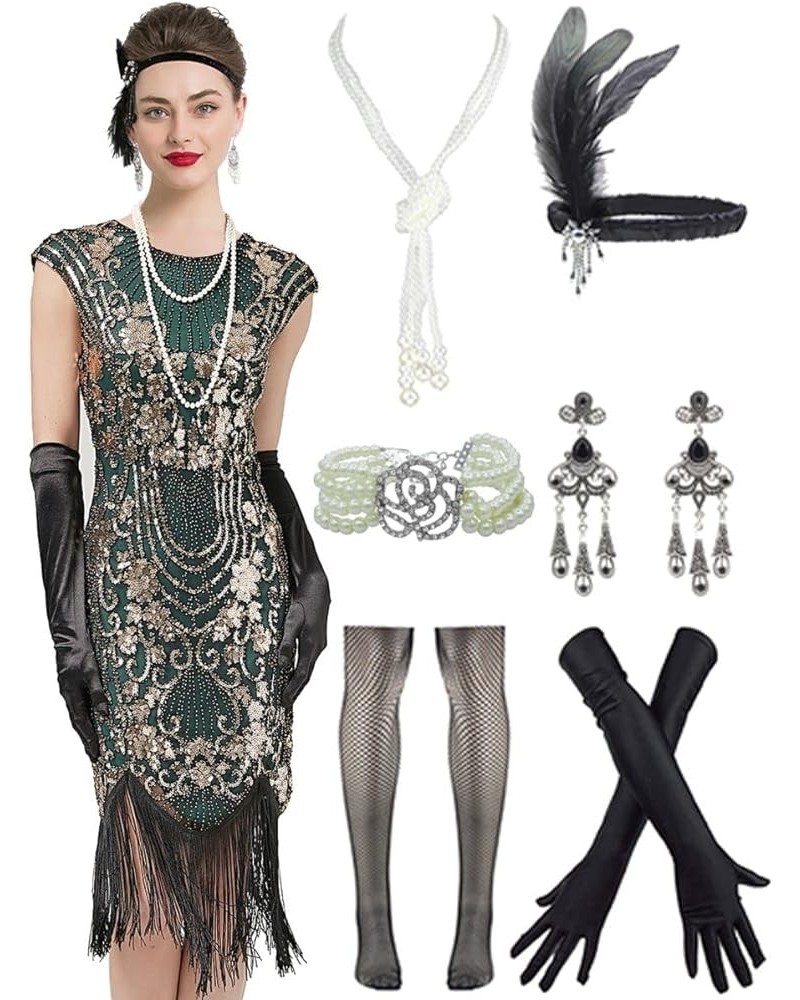 Women's 1920s Sequins Flapper Gatsby Cocktail Dress with 20s Headband Accessories Set Style Cocktail Gold Green $30.90 Others