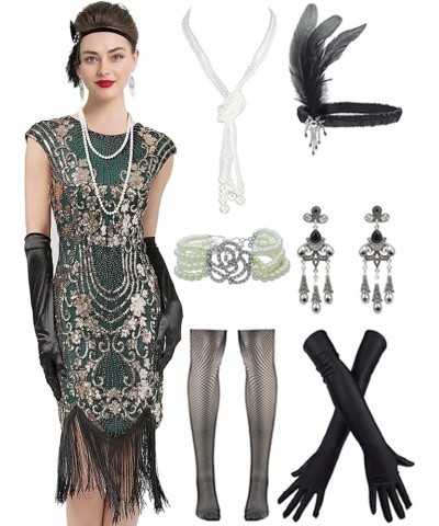 Women's 1920s Sequins Flapper Gatsby Cocktail Dress with 20s Headband Accessories Set Style Cocktail Gold Green $30.90 Others