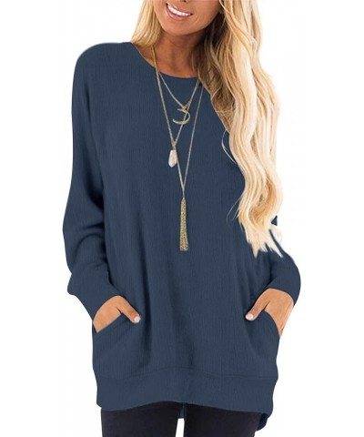 Women's Long Sleeve Round Neck Casual T Shirts Blouses Sweatshirts Tunic Tops with Pocket 01-dusty Blue $13.24 Hoodies & Swea...