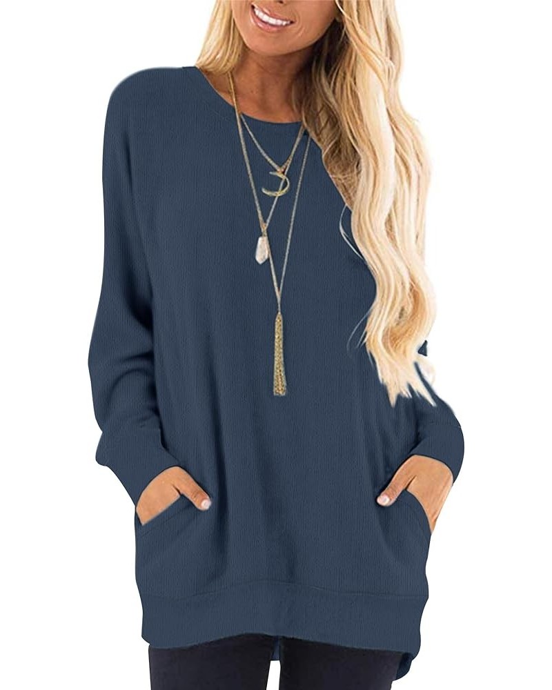 Women's Long Sleeve Round Neck Casual T Shirts Blouses Sweatshirts Tunic Tops with Pocket 01-dusty Blue $13.24 Hoodies & Swea...