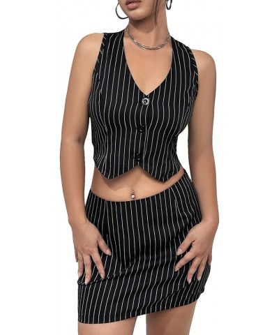 Women's Two Piece Outfit Striped Print Button Front Vest Blazer and Skirt Set Black $10.25 Suits