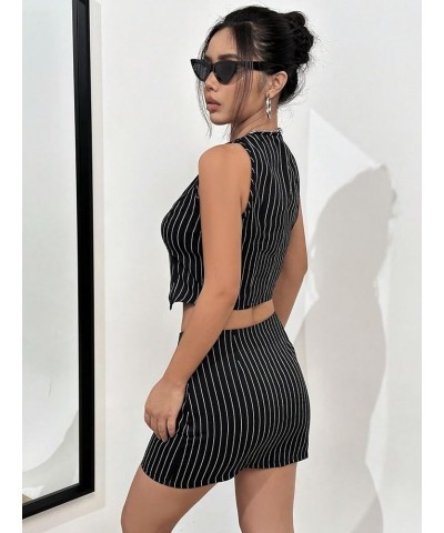 Women's Two Piece Outfit Striped Print Button Front Vest Blazer and Skirt Set Black $10.25 Suits