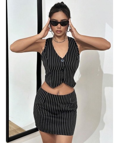 Women's Two Piece Outfit Striped Print Button Front Vest Blazer and Skirt Set Black $10.25 Suits