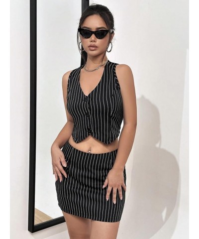 Women's Two Piece Outfit Striped Print Button Front Vest Blazer and Skirt Set Black $10.25 Suits