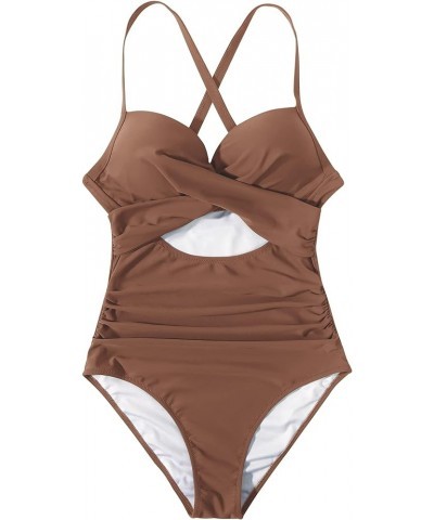 Women Cutout One Piece Swimsuit Tummy Control Cross Back Bathing Suit 1 Brown $15.40 Swimsuits