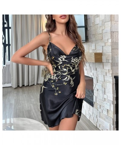 Womens Satin Nightgowns Chemise Spaghetti Strap Cami Sexy Sleepwear Lingerie Silk Nightwear Lounge Pajamas Babydoll Black-c $...