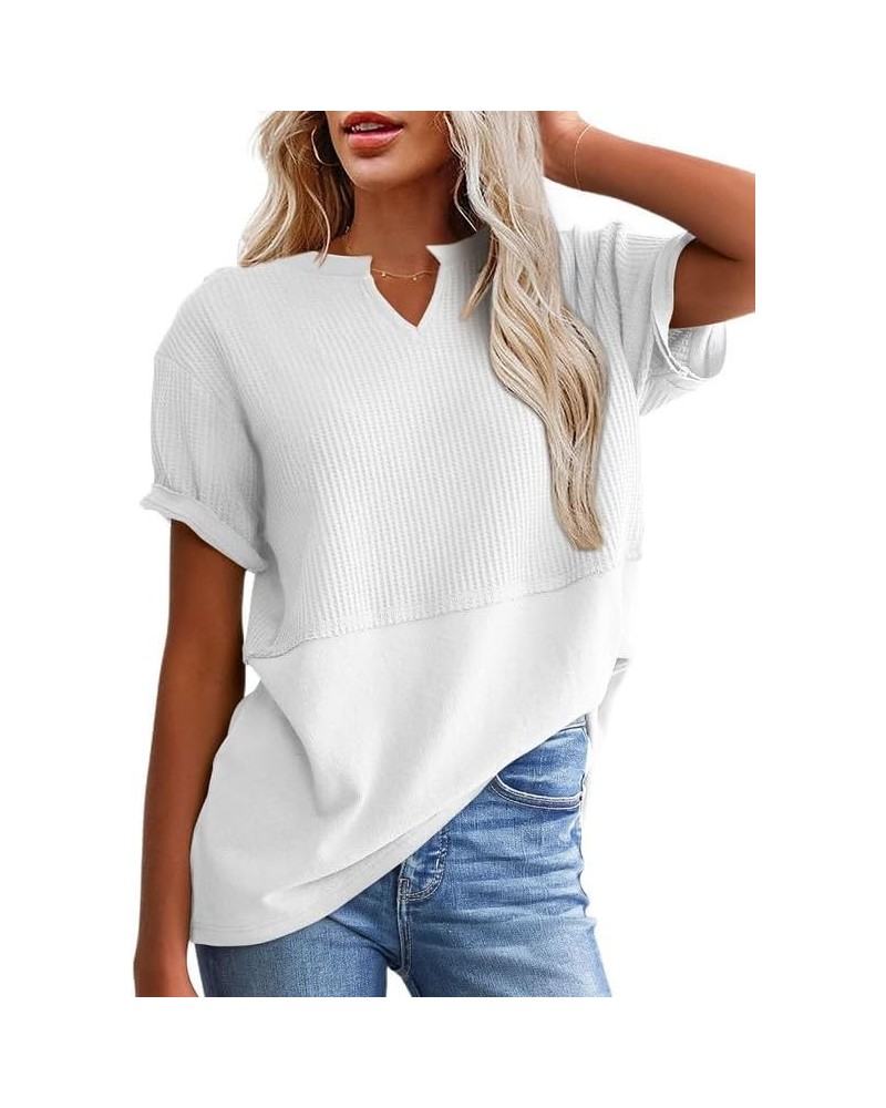 Womens Casual V Neck Waffle Knit Tops Short Sleeve T Shirts Loose Blouses B White $12.96 T-Shirts