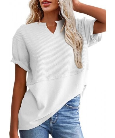 Womens Casual V Neck Waffle Knit Tops Short Sleeve T Shirts Loose Blouses B White $12.96 T-Shirts