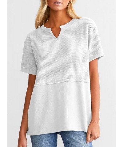 Womens Casual V Neck Waffle Knit Tops Short Sleeve T Shirts Loose Blouses B White $12.96 T-Shirts