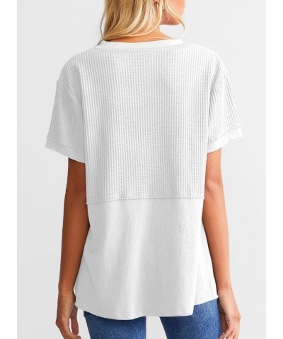 Womens Casual V Neck Waffle Knit Tops Short Sleeve T Shirts Loose Blouses B White $12.96 T-Shirts