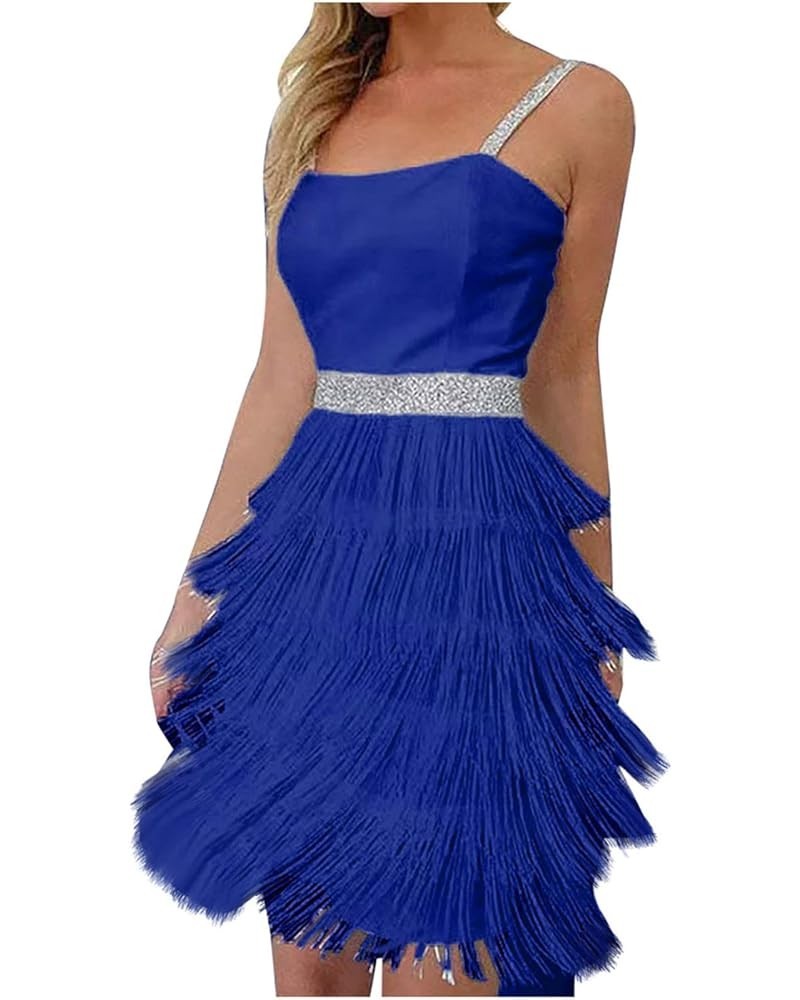 Cocktail Dresses for Women Sexy Deep V-Neck All-Over Fringe Spaghetti Straps Dress Sequins Feather Prom Party Dress 6-blue $2...