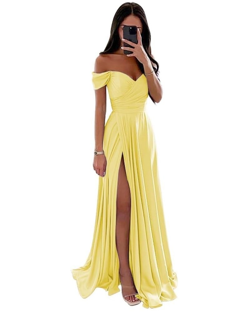 Off Shoulder Bridesmaid Dresses for Women Ruched Satin Formal Party Gown Split A Line Maxi Dress TB644 Yellow $22.55 Dresses