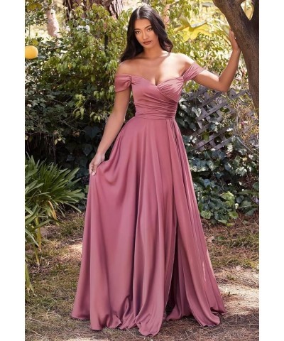 Off Shoulder Bridesmaid Dresses for Women Ruched Satin Formal Party Gown Split A Line Maxi Dress TB644 Yellow $22.55 Dresses