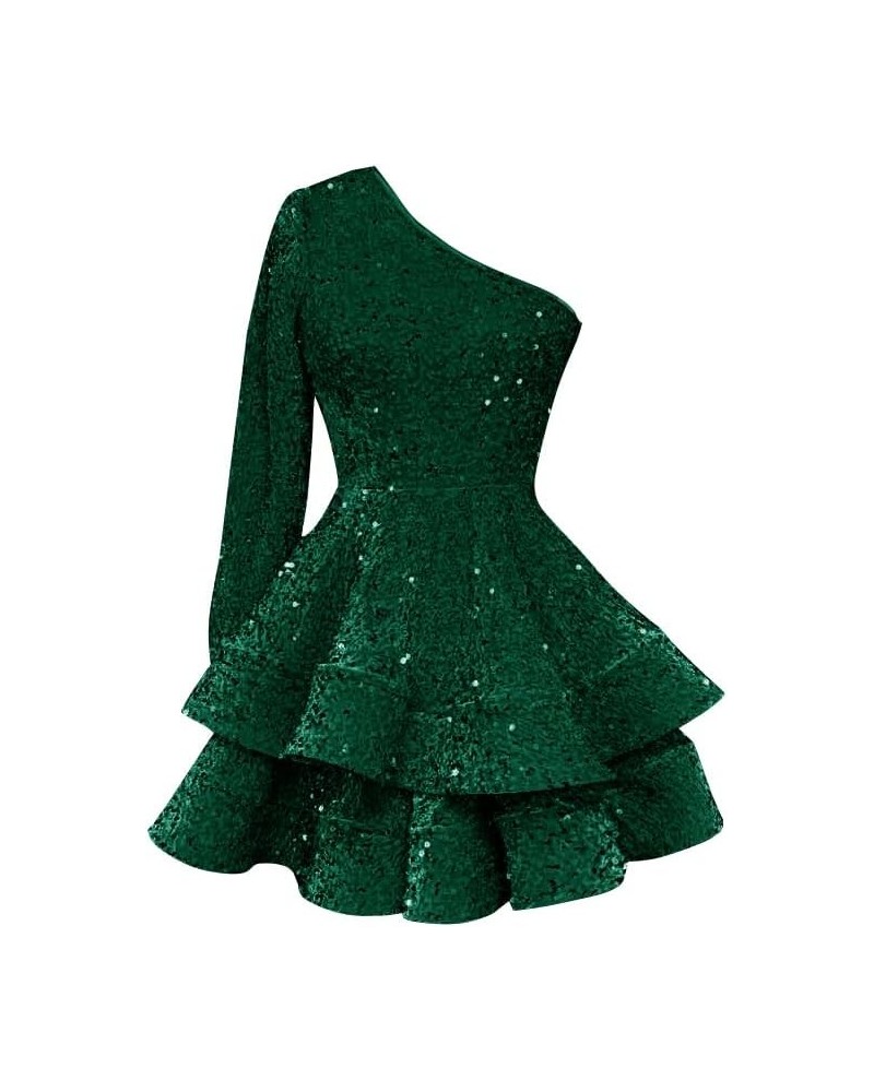 Women's One Shoulder Sequin Homecoming Dress Short Sparkly Layered Long Sleeve Cocktail Gowns Emerald Green $26.95 Dresses