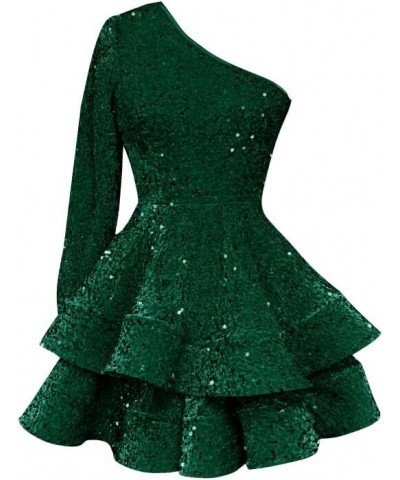 Women's One Shoulder Sequin Homecoming Dress Short Sparkly Layered Long Sleeve Cocktail Gowns Emerald Green $26.95 Dresses