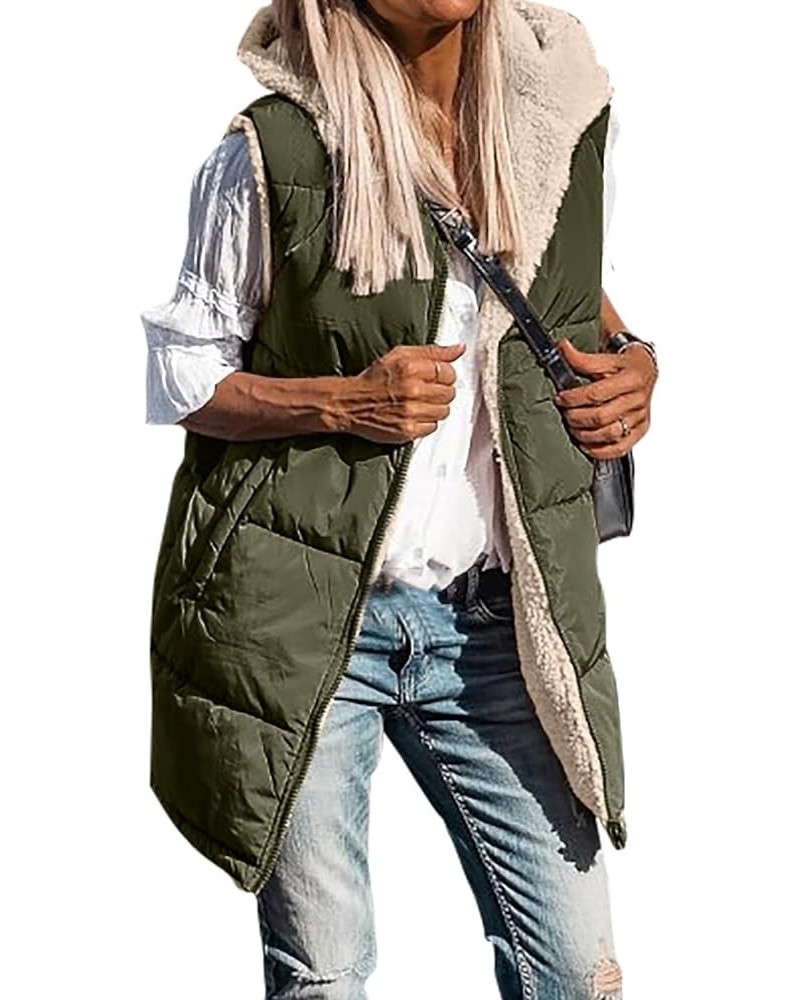 Womens Fleece Sherpa Jacket Zipper Hooded Long Vest Long Sleeve & Sleeveless Puffer Jacket Winter Fall Down Coat Army Green $...