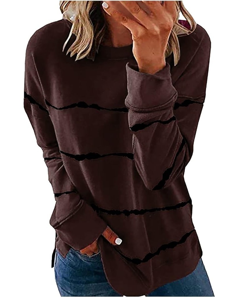 Womens Fall Fashion 2023,Womens Dressy Striped Print Crewneck Sweatshirt Oversized Long Sleeve Pullover Blouse Tops 1-coffee ...