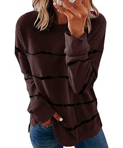 Womens Fall Fashion 2023,Womens Dressy Striped Print Crewneck Sweatshirt Oversized Long Sleeve Pullover Blouse Tops 1-coffee ...