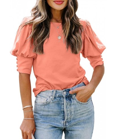 Women's Puff Sleeve Tops Summer Crewneck Loose Casual Blouse Shirts Coral $13.12 Blouses