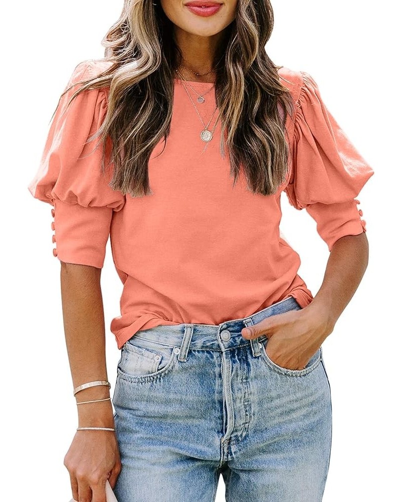 Women's Puff Sleeve Tops Summer Crewneck Loose Casual Blouse Shirts Coral $13.12 Blouses