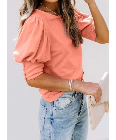 Women's Puff Sleeve Tops Summer Crewneck Loose Casual Blouse Shirts Coral $13.12 Blouses