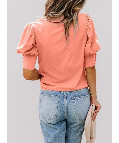 Women's Puff Sleeve Tops Summer Crewneck Loose Casual Blouse Shirts Coral $13.12 Blouses