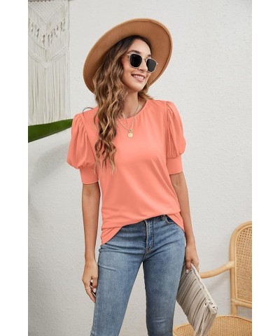 Women's Puff Sleeve Tops Summer Crewneck Loose Casual Blouse Shirts Coral $13.12 Blouses