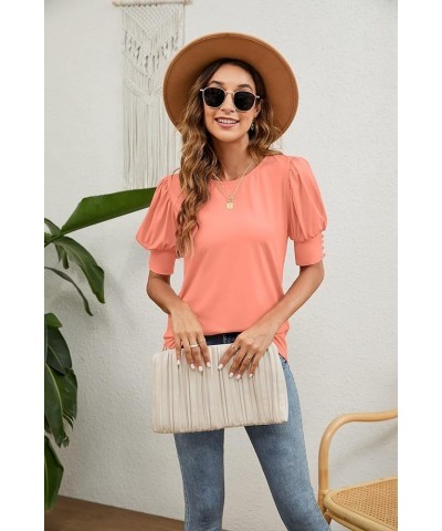 Women's Puff Sleeve Tops Summer Crewneck Loose Casual Blouse Shirts Coral $13.12 Blouses