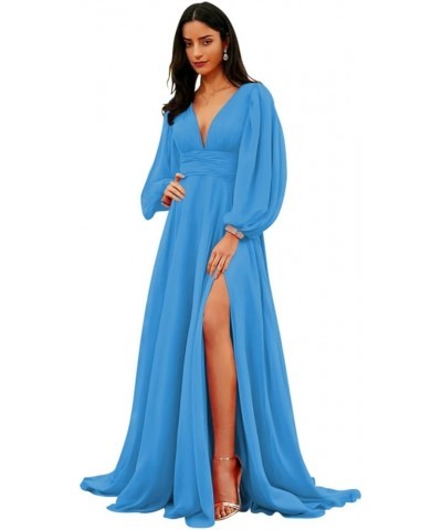 Women's Deep V-Neck Bridesmaid Dresses Long Sleeve Pleated Faux-Wrap Formal Dress with Slit YMS301 Ocean Blue $31.31 Dresses