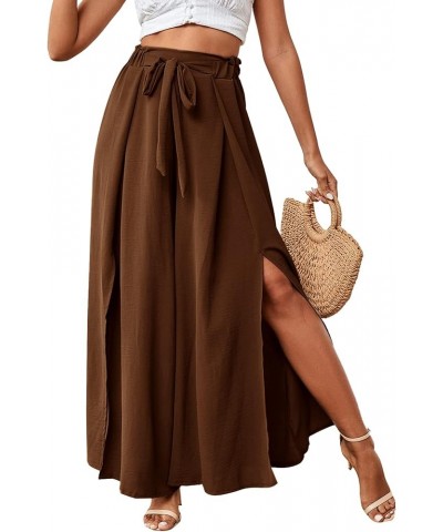 Women's Tie Front High Waist Side Split Slit Flowy Wide Leg Pleated Pant with Belt Brown $18.35 Pants