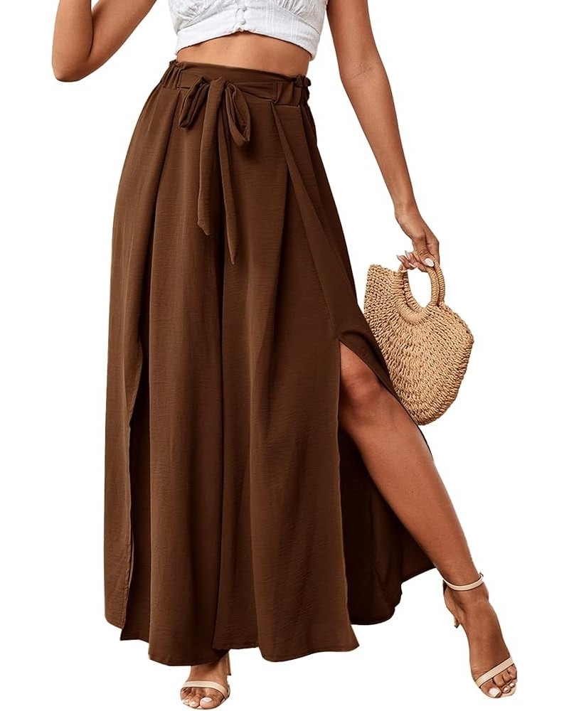 Women's Tie Front High Waist Side Split Slit Flowy Wide Leg Pleated Pant with Belt Brown $18.35 Pants