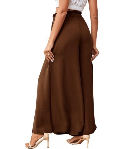 Women's Tie Front High Waist Side Split Slit Flowy Wide Leg Pleated Pant with Belt Brown $18.35 Pants