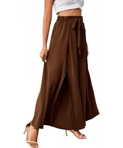 Women's Tie Front High Waist Side Split Slit Flowy Wide Leg Pleated Pant with Belt Brown $18.35 Pants