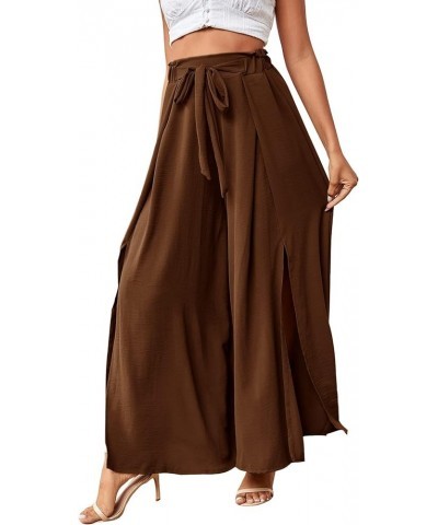 Women's Tie Front High Waist Side Split Slit Flowy Wide Leg Pleated Pant with Belt Brown $18.35 Pants