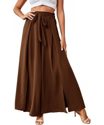 Women's Tie Front High Waist Side Split Slit Flowy Wide Leg Pleated Pant with Belt Brown $18.35 Pants