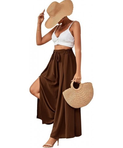 Women's Tie Front High Waist Side Split Slit Flowy Wide Leg Pleated Pant with Belt Brown $18.35 Pants