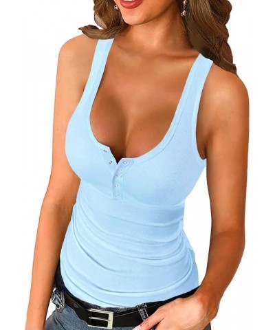 Womens Scoop Neck Henley Tank Tops Low Cut Solid Sexy Summer Sleeveless Button Down Shirts Light Blue $12.87 Tanks