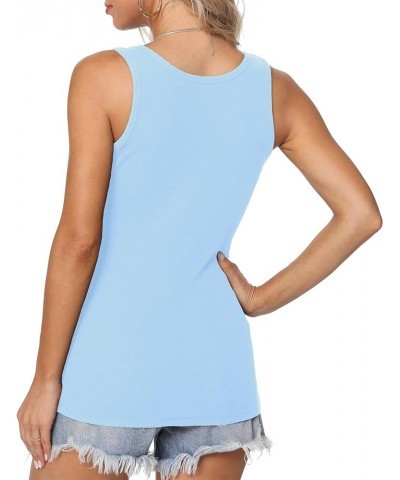 Womens Scoop Neck Henley Tank Tops Low Cut Solid Sexy Summer Sleeveless Button Down Shirts Light Blue $12.87 Tanks