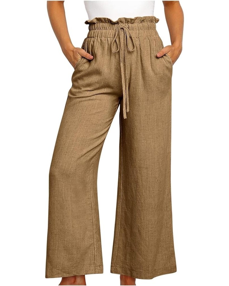 Wide Leg Pants for Women 2023 Casual Linen Palazzo Summer High Waist Trendy Smocked Lounge Pant Trousers with Pocket H06_khak...