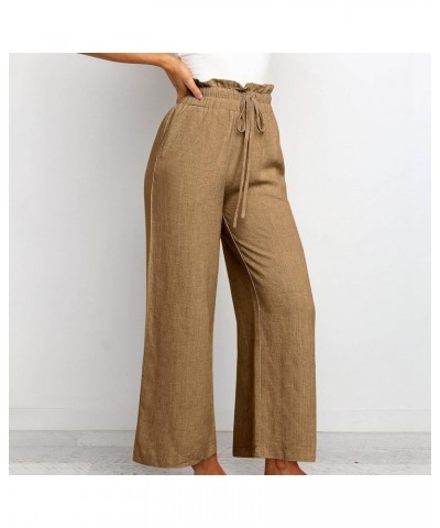 Wide Leg Pants for Women 2023 Casual Linen Palazzo Summer High Waist Trendy Smocked Lounge Pant Trousers with Pocket H06_khak...