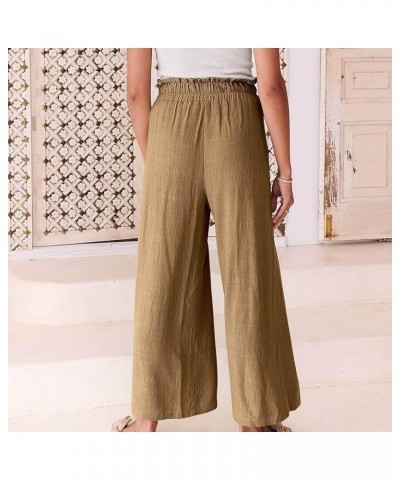 Wide Leg Pants for Women 2023 Casual Linen Palazzo Summer High Waist Trendy Smocked Lounge Pant Trousers with Pocket H06_khak...