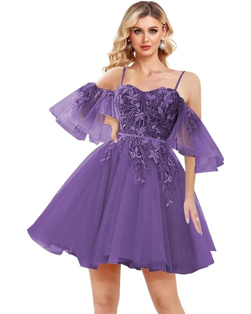 Off Shoulder Lace Appliques Prom Dresses Short Tulle Homecoming Dress 2024 Spagehtti Straps Cocktail Dress Purple $34.00 Dresses