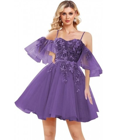 Off Shoulder Lace Appliques Prom Dresses Short Tulle Homecoming Dress 2024 Spagehtti Straps Cocktail Dress Purple $34.00 Dresses