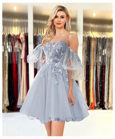 Off Shoulder Lace Appliques Prom Dresses Short Tulle Homecoming Dress 2024 Spagehtti Straps Cocktail Dress Purple $34.00 Dresses