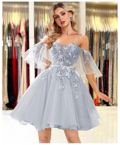 Off Shoulder Lace Appliques Prom Dresses Short Tulle Homecoming Dress 2024 Spagehtti Straps Cocktail Dress Purple $34.00 Dresses