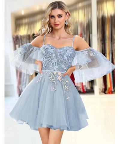 Off Shoulder Lace Appliques Prom Dresses Short Tulle Homecoming Dress 2024 Spagehtti Straps Cocktail Dress Purple $34.00 Dresses