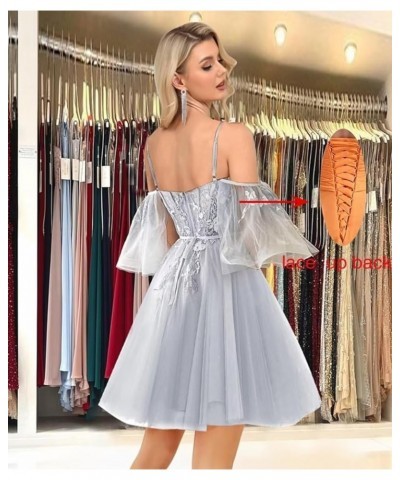 Off Shoulder Lace Appliques Prom Dresses Short Tulle Homecoming Dress 2024 Spagehtti Straps Cocktail Dress Purple $34.00 Dresses